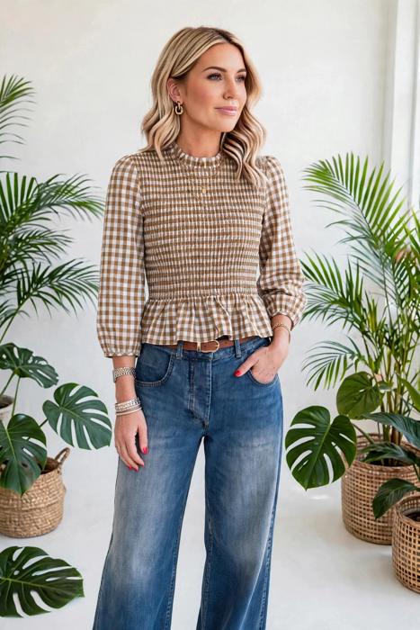 Sweetheart Shirred Plaid Peplum Top | S-XL