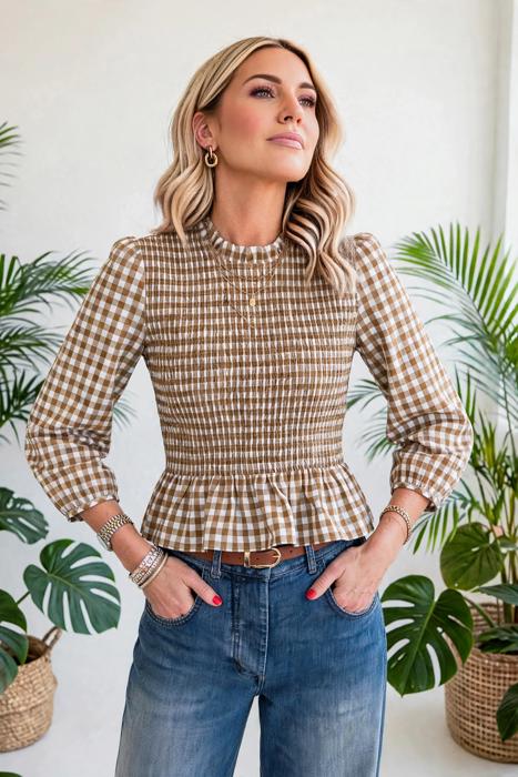 Sweetheart Shirred Plaid Peplum Top | S-XL