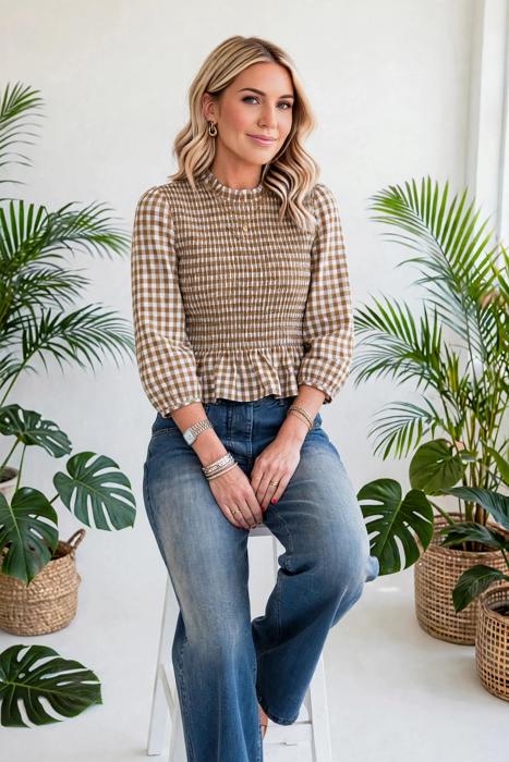Sweetheart Shirred Plaid Peplum Top | S-XL
