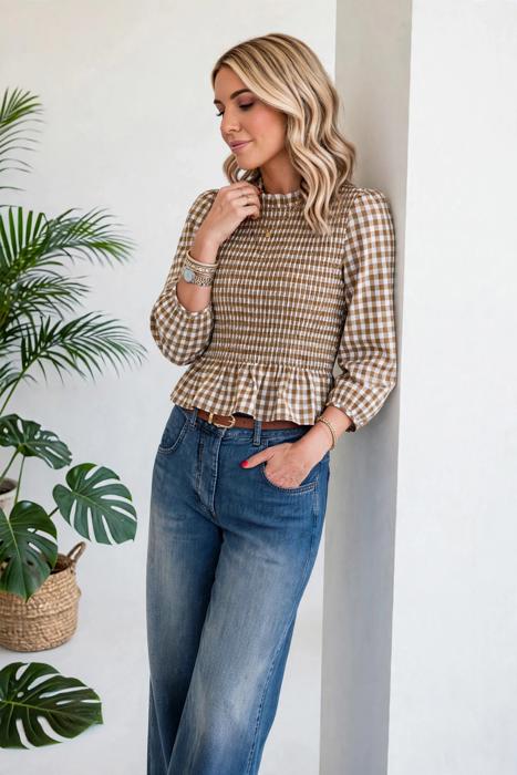 Sweetheart Shirred Plaid Peplum Top | S-XL