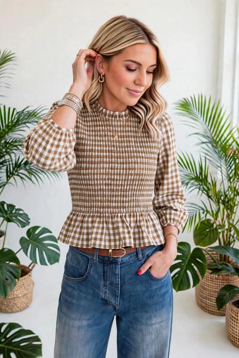 Sweetheart Shirred Plaid Peplum Top | S-XL