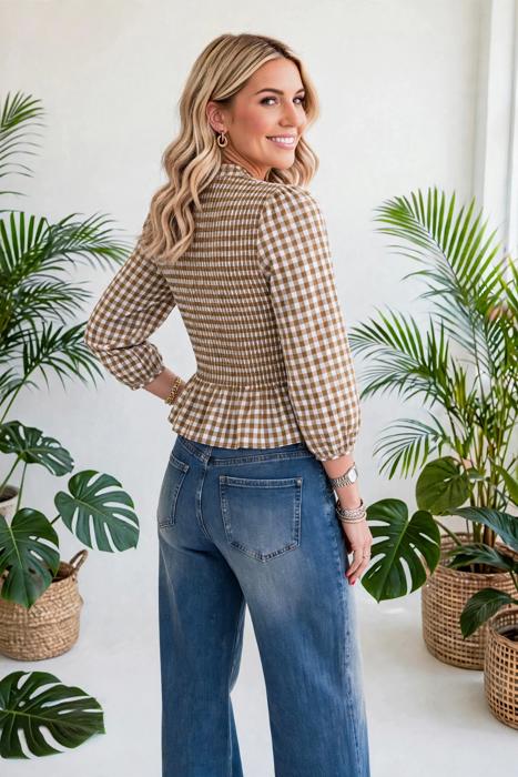 Sweetheart Shirred Plaid Peplum Top | S-XL
