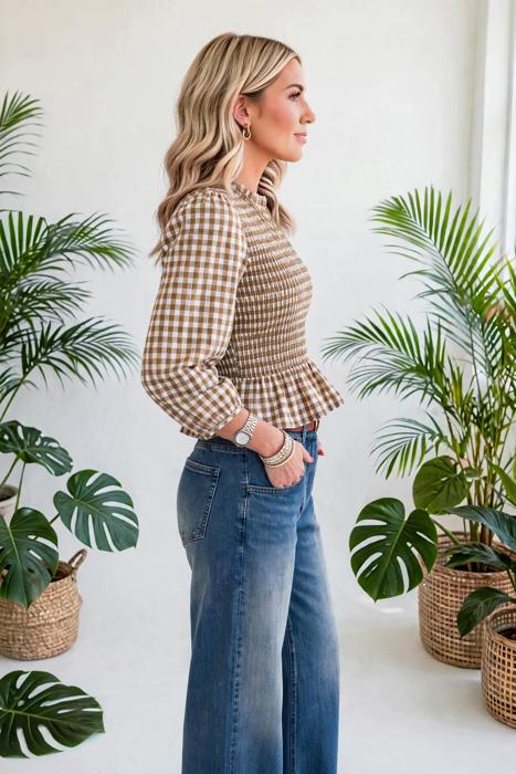 Sweetheart Shirred Plaid Peplum Top | S-XL