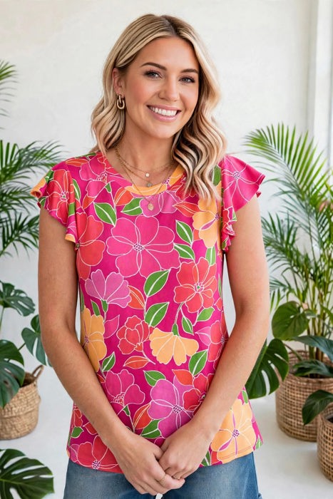 Paradise Floral Ruffle Sleeve Top | S-3X