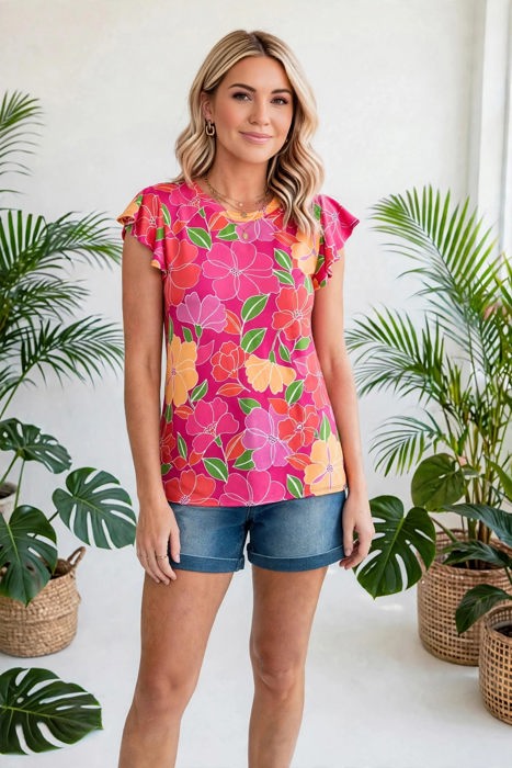 Paradise Floral Ruffle Sleeve Top | S-3X