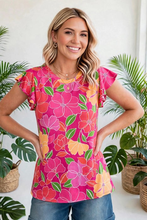 Paradise Floral Ruffle Sleeve Top | S-3X