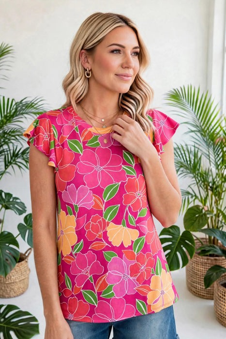 Paradise Floral Ruffle Sleeve Top | S-3X