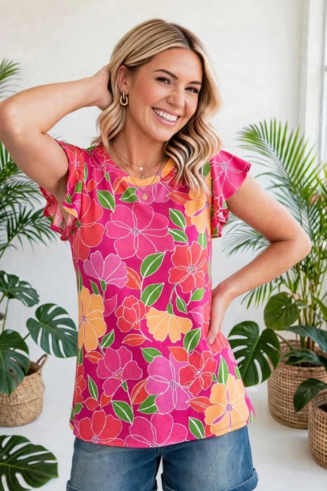 Paradise Floral Ruffle Sleeve Top | S-3X