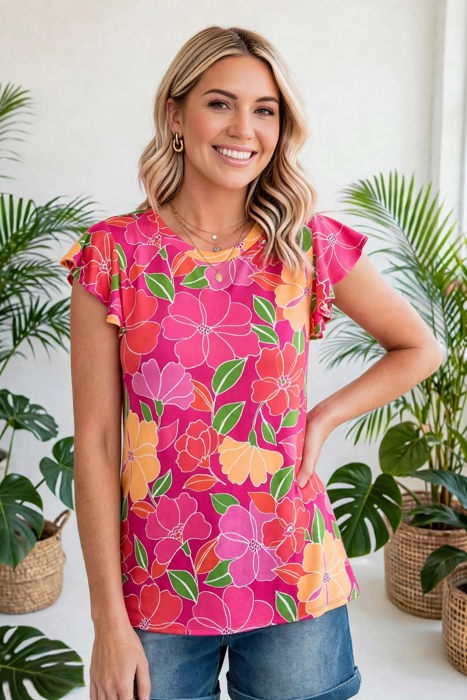 Paradise Floral Ruffle Sleeve Top | S-3X