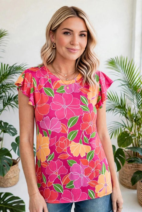 Paradise Floral Ruffle Sleeve Top | S-3X