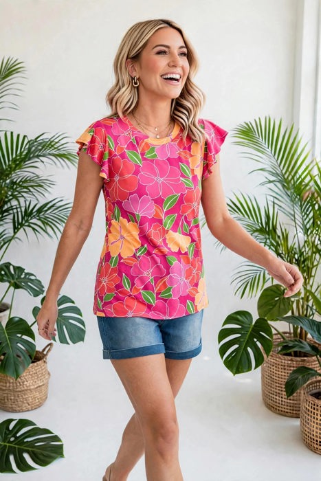 Paradise Floral Ruffle Sleeve Top | S-3X
