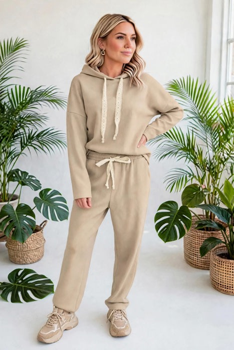 Lace & Luxe Drawstring Pullover Hoodies Corduroy Set | S-XL