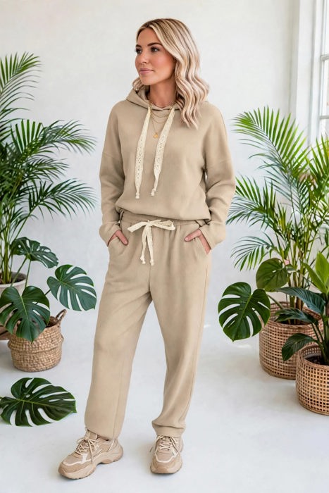 Lace & Luxe Drawstring Pullover Hoodies Corduroy Set | S-XL