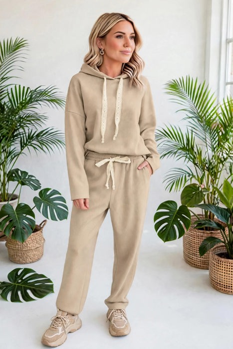 Lace & Luxe Drawstring Pullover Hoodies Corduroy Set | S-XL