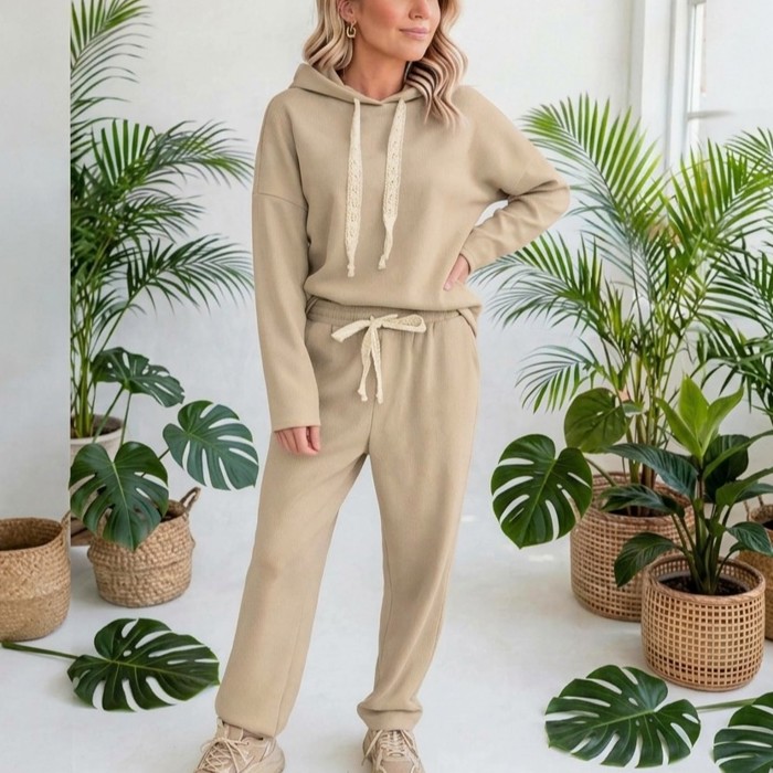 Lace & Luxe Drawstring Pullover Hoodies Corduroy Set | S-XL