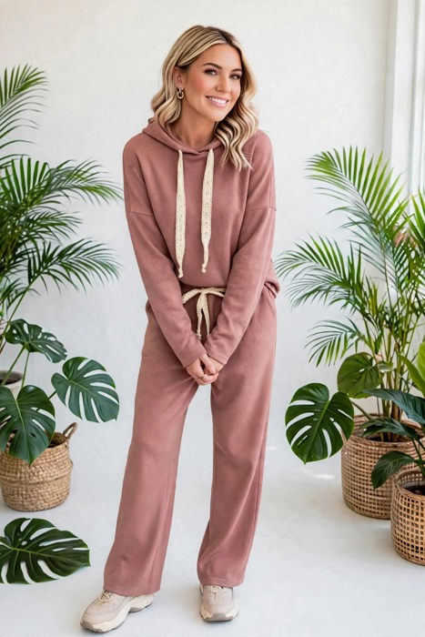 Lace & Luxe Drawstring Pullover Hoodies Corduroy Set | S-XL