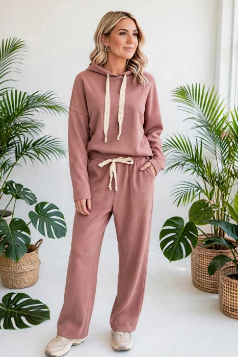 Lace & Luxe Drawstring Pullover Hoodies Corduroy Set | S-XL