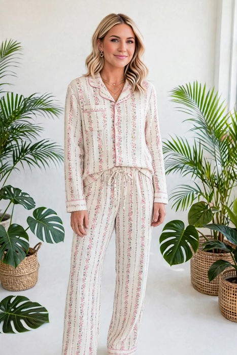 Rosy Reverie Button-Up Pajama Set | S-XL