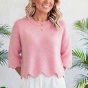 Small Pink Marlow Scalloped Hem 3/4 Sleeve Sweater | S-XL