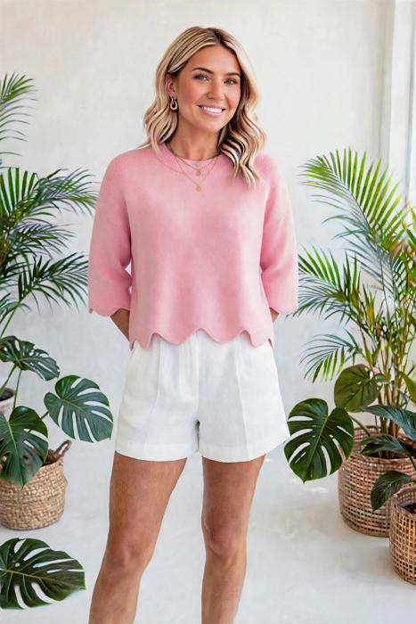 Marlow Scalloped Hem 3/4 Sleeve Sweater | S-XL