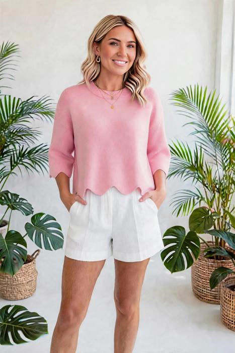 Marlow Scalloped Hem 3/4 Sleeve Sweater | S-XL