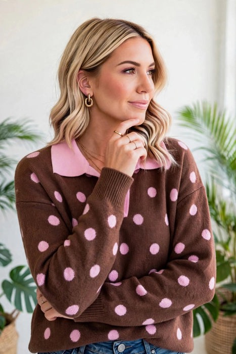 Color Pop Collared Polka Dot Sweater | S-XL