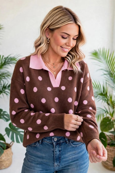Color Pop Collared Polka Dot Sweater | S-XL