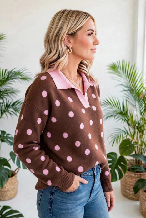Color Pop Collared Polka Dot Sweater | S-XL