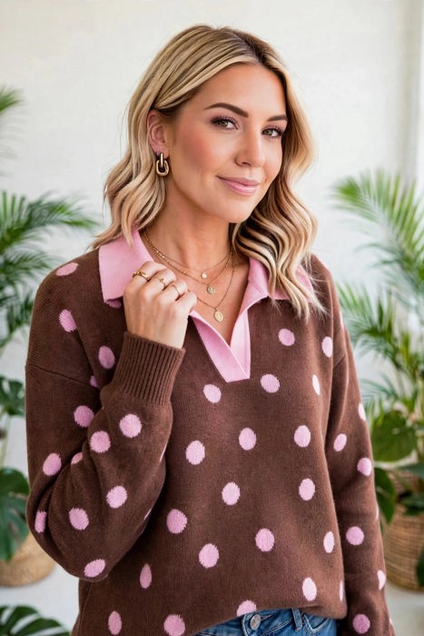 Color Pop Collared Polka Dot Sweater | S-XL