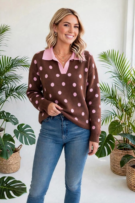 Color Pop Collared Polka Dot Sweater | S-XL