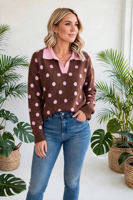 Color Pop Collared Polka Dot Sweater | S-XL
