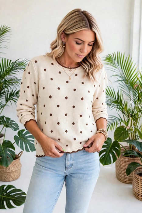 Dotty Charm Scallop Knit Sweater | S-XL