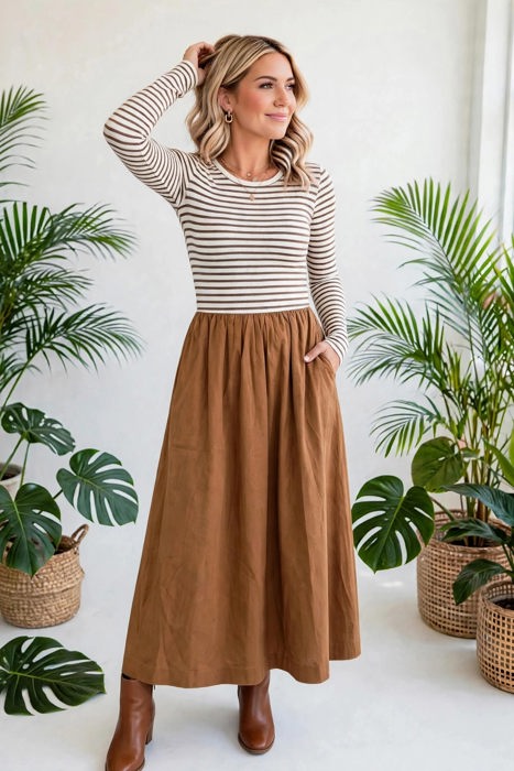 Stripe Sculpt Knit Flared Dress | S-XL