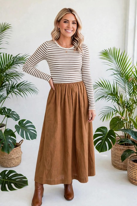 Stripe Sculpt Knit Flared Dress | S-XL