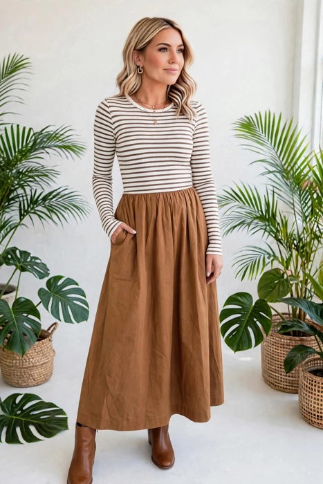 Stripe Sculpt Knit Flared Dress | S-XL