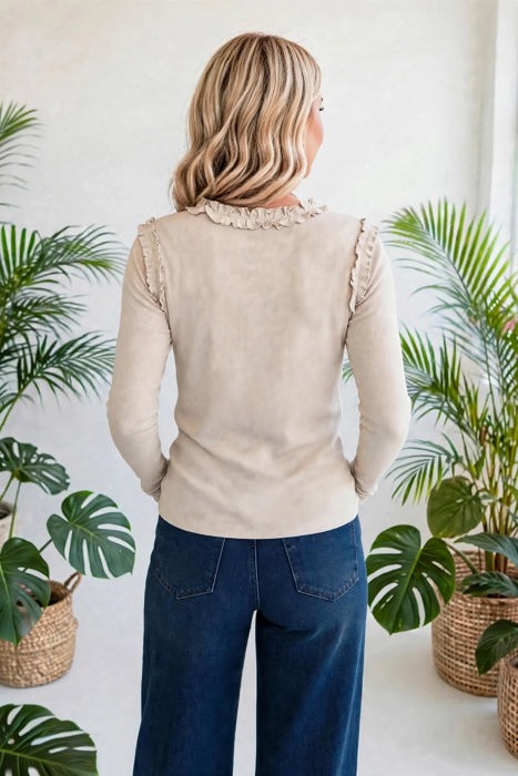 Solid Color Frill Detail Long Sleeve Top | S-XL