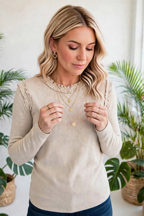 Solid Color Frill Detail Long Sleeve Top | S-XL