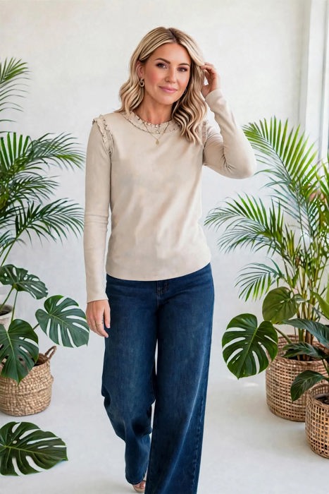 Solid Color Frill Detail Long Sleeve Top | S-XL
