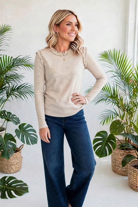 Solid Color Frill Detail Long Sleeve Top | S-XL