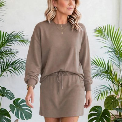 Velora Cozy Drop Shoulder Drawstring Mini Skirt Set | S-XL