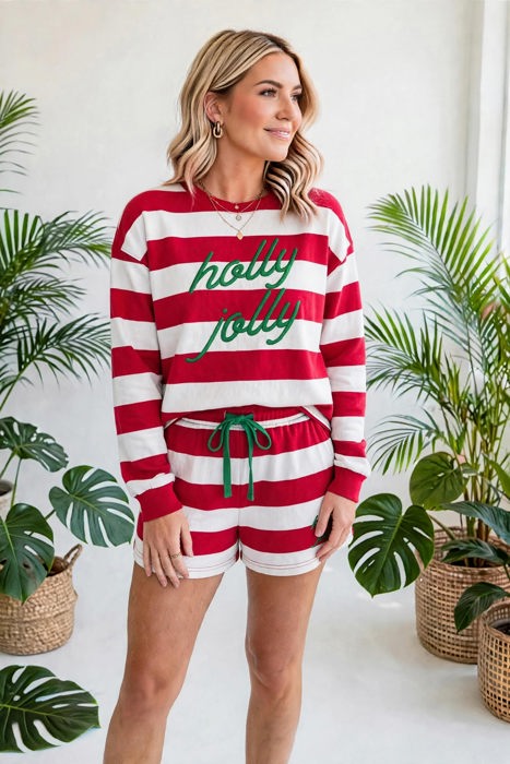 Holly Jolly Stripe Embroidery Lounge Set | S-XL