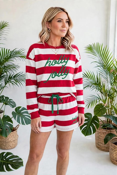 Holly Jolly Stripe Embroidery Lounge Set | S-XL