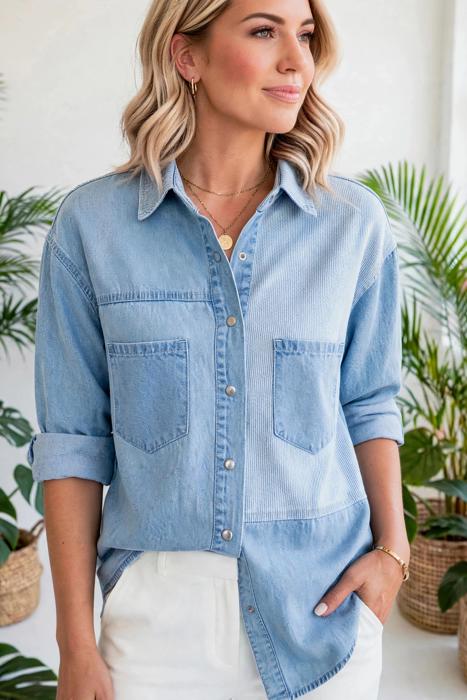 Patch & Stripe Button Down Shacket | S-XL