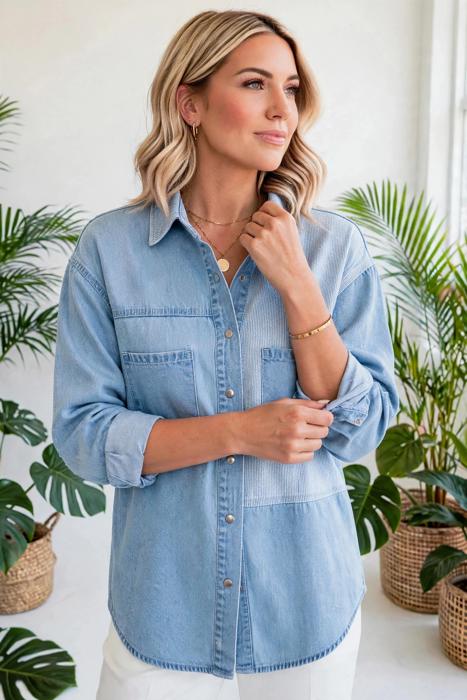 Patch & Stripe Button Down Shacket | S-XL
