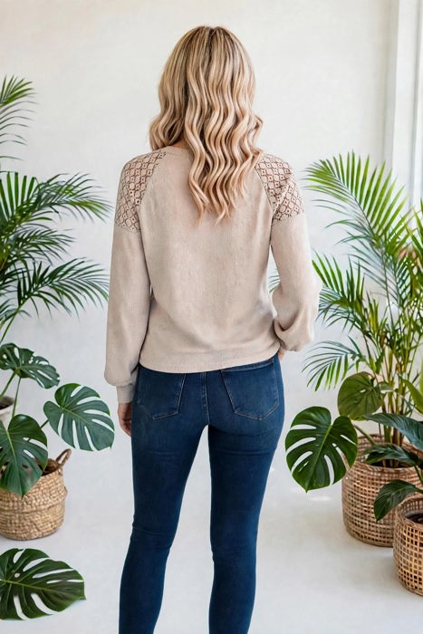 Textured Lace Sleeve Pullover | S-2XL
