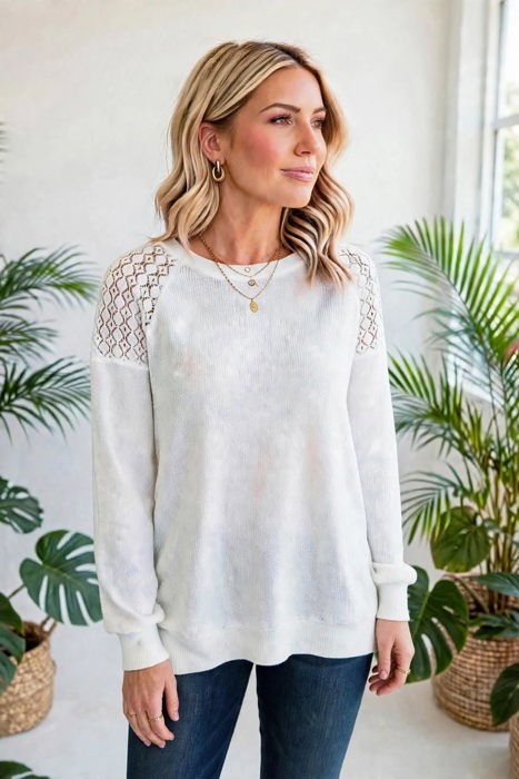 Textured Lace Sleeve Pullover | S-2XL