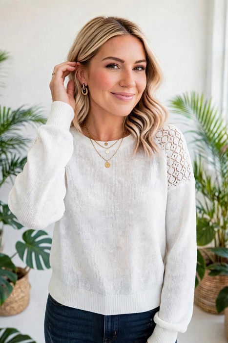 Textured Lace Sleeve Pullover | S-2XL
