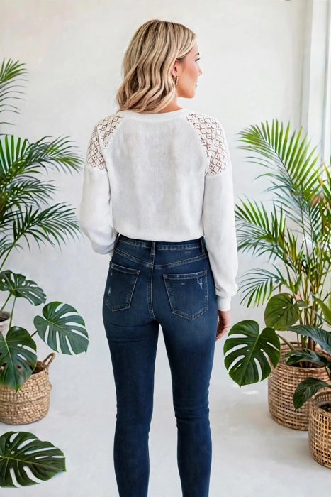 Textured Lace Sleeve Pullover | S-2XL