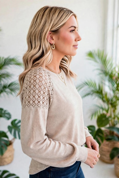 Textured Lace Sleeve Pullover | S-2XL