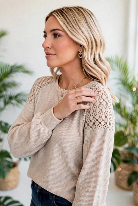 Textured Lace Sleeve Pullover | S-2XL